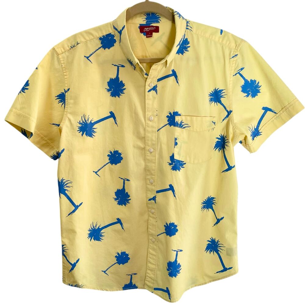 Arizona Yellow Blue Palm Tree Print Button Up Shirt Short Sleeves Mens Large